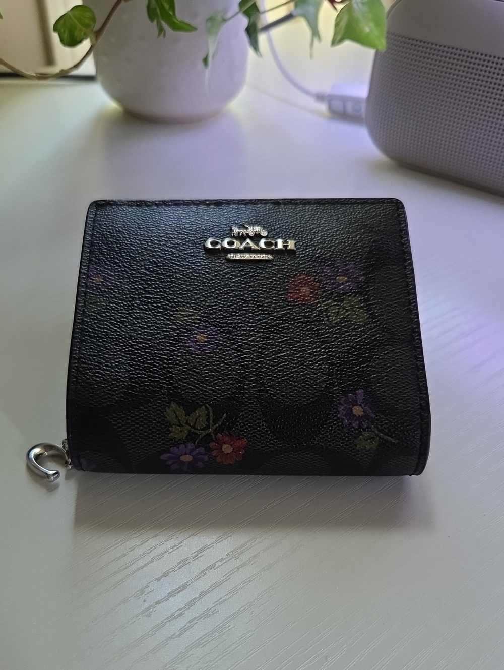COACH Black Floral Compact Zip Wallet
